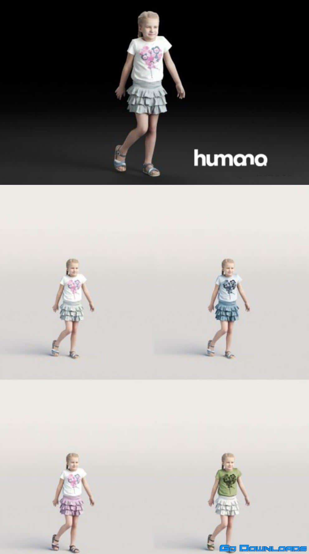 Humano Casual child girl in skirt standing and looking 0207 3D model Free Download